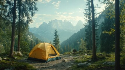A camping tent set up in a serene forest environment surrounded by tall trees and natural greenery