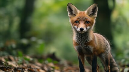 Fototapeta premium A red fox stands alert in a vibrant green forest surrounded by fallen leaves. The early morning light creates a warm atmosphere as it curiously observes its surroundings