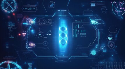 Obraz premium A complex digital interface displays various glowing symbols, graphs, and analytics elements in a tech lab setting. The blue color scheme emphasizes advanced technology and data visualization