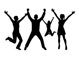 Silhouettes of people dancing and jumping in a joyful group