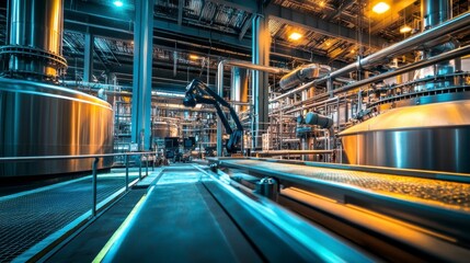 Obraz premium Advanced manufacturing process takes place in a modern industrial facility featuring automated machinery and large storage tanks