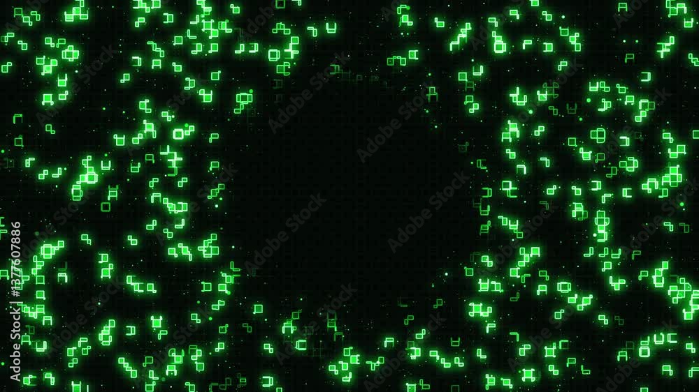 Poster movement, a stream of glowing green geometric shapes in the form of squares or rectangles.