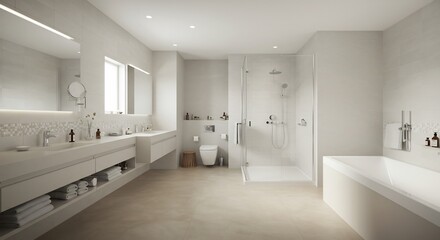 Fototapeta premium Modern minimalist bathroom design soft light spacious feel. AI Generated