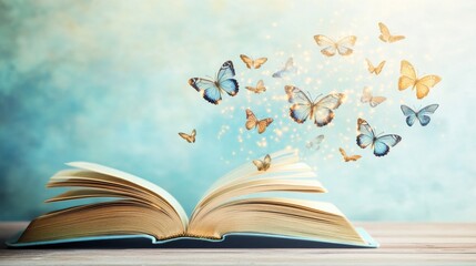 Open book with butterflies flying around pages in a whimsical and imaginative scene
