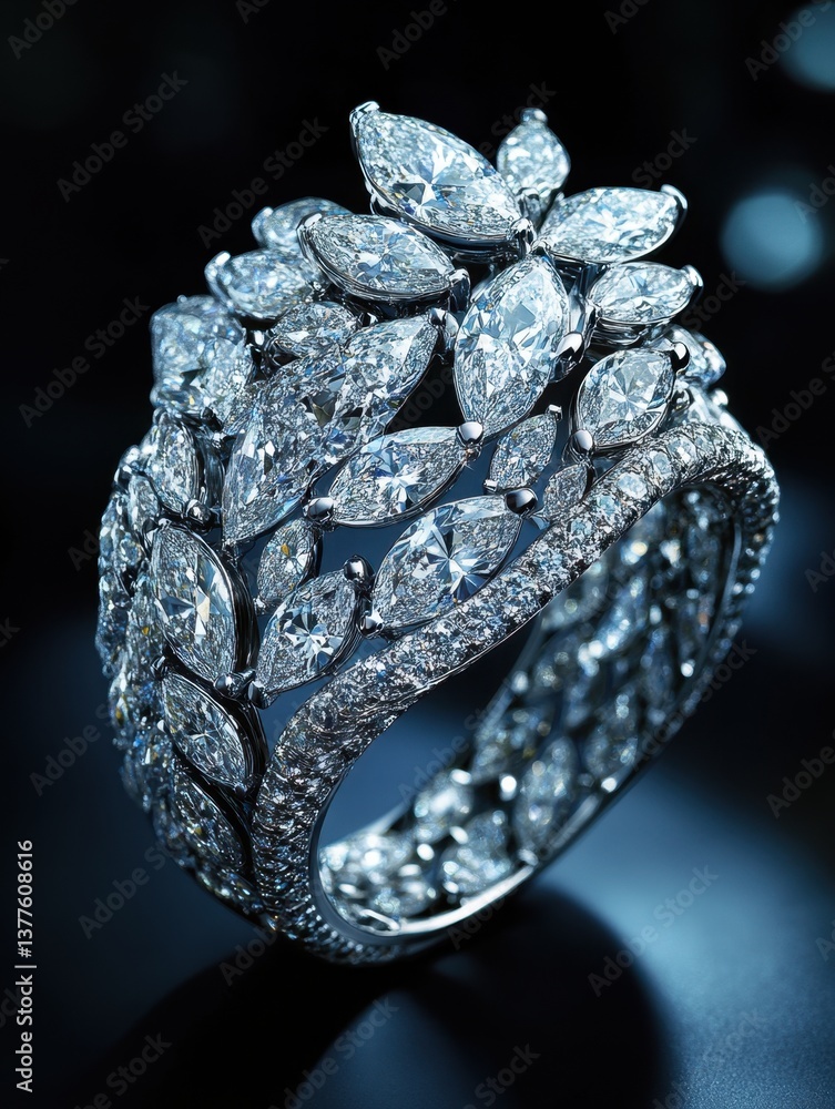 Poster exquisite diamond ring with intricate floral design sparkling against a dark backdrop capturing luxu