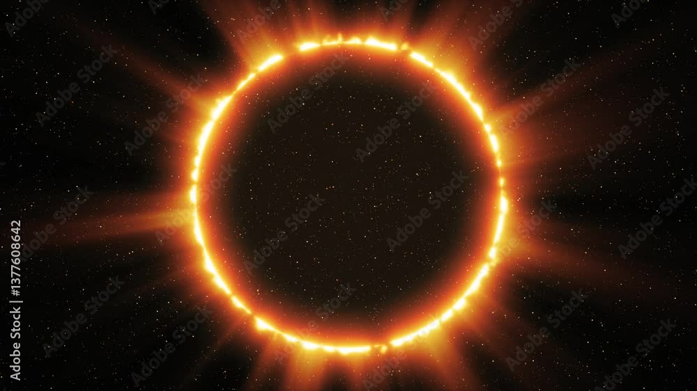 Poster a solar eclipse or a ring of light in space. in the center is a dark circle filled with particles an