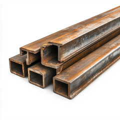 rusted metal structural channels, isolated on white background, industrial construction materials, showing different cross-sections, perfect for building and engineering themes.