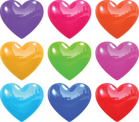 Glossy Colorful Heart Icons 3D Rendered Vibrant Love Symbols for Stickers, Emojis, and Graphic Design