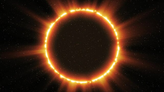 A solar eclipse or a ring of light in space. In the center is a dark circle filled with particles and stars. There is a glowing orange ring around the circle, which turns into blurred rays.