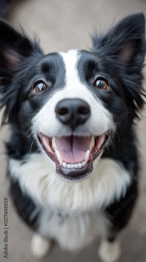 Poster captivating border collie portrait with expressive eyes and open mouth in a close up view showing jo