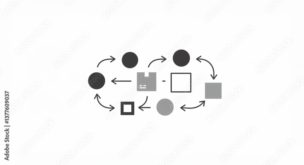 Aufkleber illustrating process flow with connected shapes and arrows depicting a system