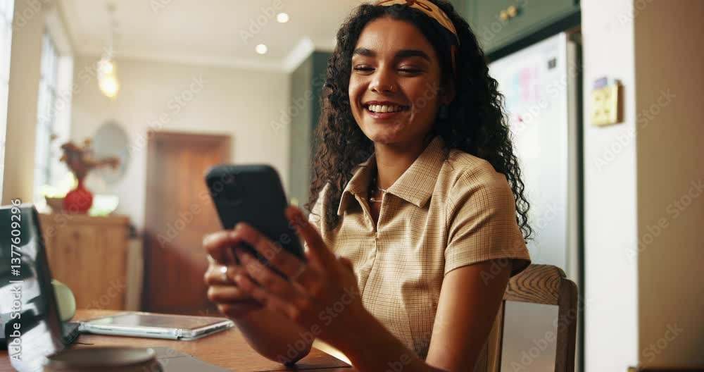 Poster laptop, study and university student with phone in home for learning break, text message or checking