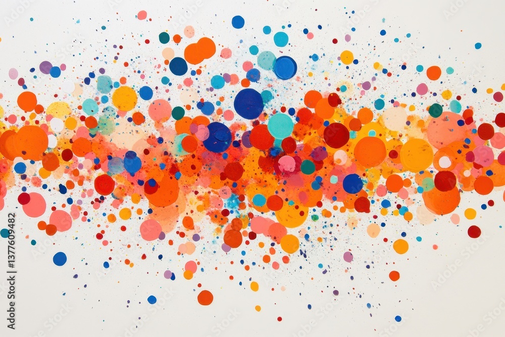 Poster vibrant explosion of colorful circles and splatters creating a dynamic abstract art piece on a white