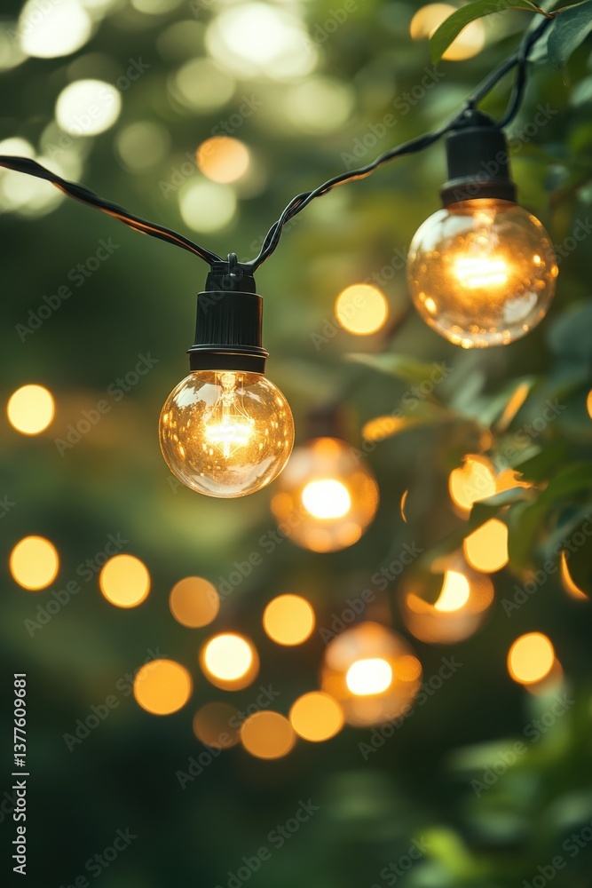 Poster warm glow of string lights illuminating a lush green garden creating a magical and inviting atmosphe