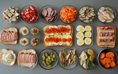 Assortment of various foods in small glass dishes, displayed in a grid pattern on a gray surface.  Includes sliced meats, fruits, vegetables, eggs, breads, 