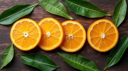 Fresh vibrant orange slices arranged on wooden table