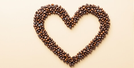 Obraz premium Coffee beans arranged in a heart shape, minimal graphic style, on a beige background, concept of love for coffee and food passion. Ai generative