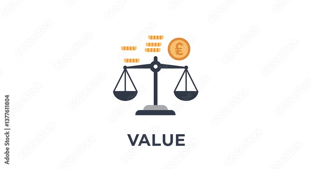 Poster balancing scale with pound coin and money stacks for value concept