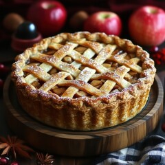 Delicious homemade apple pie with lattice crust and powdered sugar on wooden stand rustic autumn dessert
