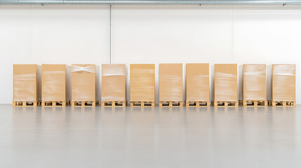 Boxes stacked on pallets wrapped with clear plastic in a warehouse, ready for shipping. Interior shot. Distribution and logistics, supply chain.