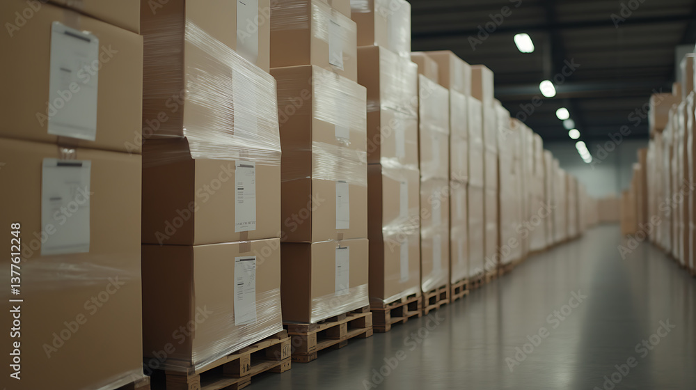 Poster warehouse with stacked boxes on pallets. logistics and distribution scene with focus on organized st