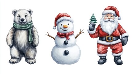 Three watercolor illustrations depicting christmas themes and holiday elements in a festive artistic style