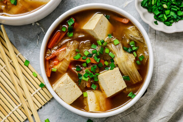 Traditional Japanese Miso Soup with Chinese Cabbage and Tofu in bowls .style hugge