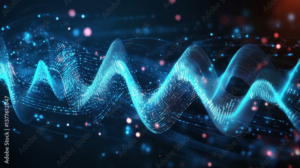 Poster abstract glowing blue wave with particles and bokeh. a digital representation of energy, connectivit