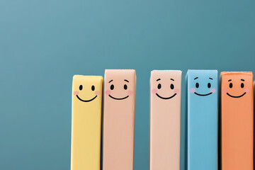 Cheerful Colorful Blocks: A row of smiling wooden blocks in various colors against a blue background, radiating positive vibes and a playful atmosphere.