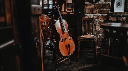 Vintage cello in a rustic pub