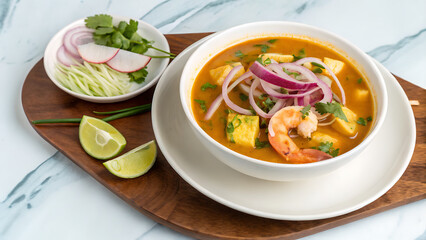 Seafood soup with shrimp and red onions served with lime 