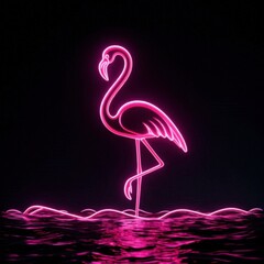 Solid black background with a glowing neon pink flamingo standing on one leg in the center, illuminated faintly 3