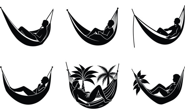 A person relaxing in a hammock silhouette black vector art set design 
