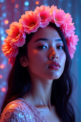 Obraz premium Portrait of a young woman with floral headpiece studio setting fashion photography soft lighting