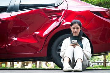 Car accident.Young Asian woman after car accident.