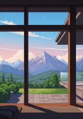 Serene Mountain View from Large Window Soft Light. AI Generated