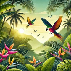 Tropical jungle with exotic birds flying among vibrant leaves 3