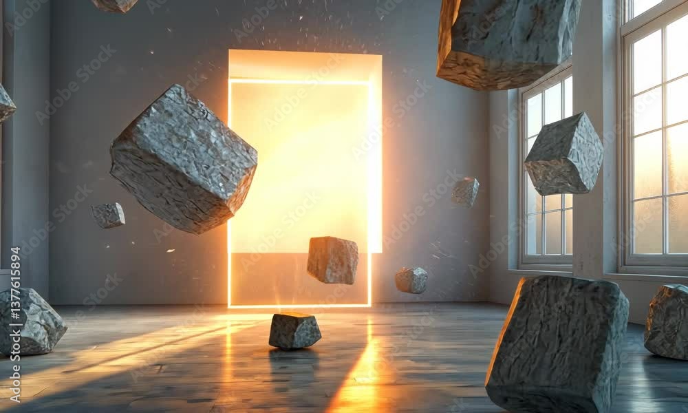 Aufkleber floating geometric rocks illuminated by a square of radiant light and sparkling particles in a room.