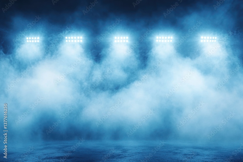 Poster dramatic stage lighting with intense fog and blue hues creating a captivating atmosphere for perform