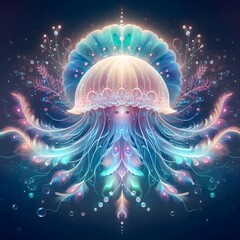 Mystical Jellyfish- Peacock  Hybrid Floating In The Air, With Soft Pastel Tentacles And Glowing Bioluminescence | Ai Art