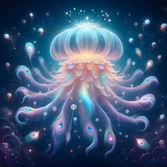 Mystical Jellyfish- Peacock  Hybrid Floating In The Air, With Soft Pastel Tentacles And Glowing Bioluminescence | Ai Art