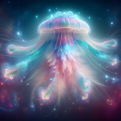 Mystical Jellyfish- Peacock  Hybrid Floating In The Air, With Soft Pastel Tentacles And Glowing Bioluminescence | Ai Art