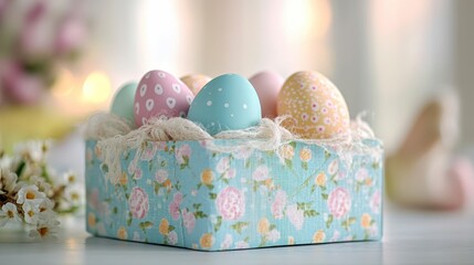 Colorful Easter Eggs in Floral Basket with Soft Pastel Background