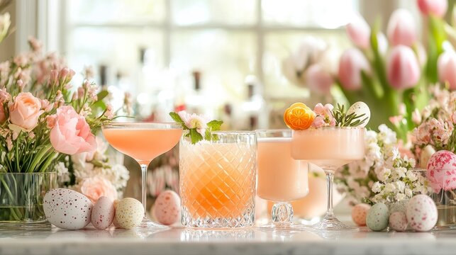 Colorful Spring Cocktails with Flowers and Easter Eggs on Table