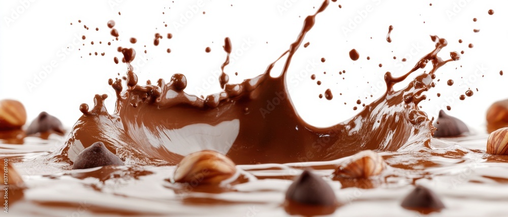 Poster captivating chocolate splash with hazelnuts on white backdrop showcasing deliciousness and richness 