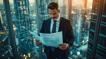 Fototapeta premium Man in a suit reading a newspaper while sitting on a bench in an urban environment