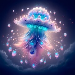 Mystical Jellyfish- Peacock  Hybrid Floating In The Air, With Soft Pastel Tentacles And Glowing Bioluminescence | Ai Art