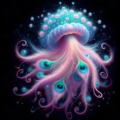 Mystical Jellyfish- Peacock  Hybrid Floating In The Air, With Soft Pastel Tentacles And Glowing Bioluminescence | Ai Art