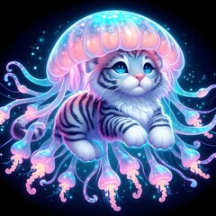 Mystical Jellyfish Tiger Cat  Hybrid Floating In The Air, With Soft Pastel Tentacles And Glowing Bioluminescence | Ai Art