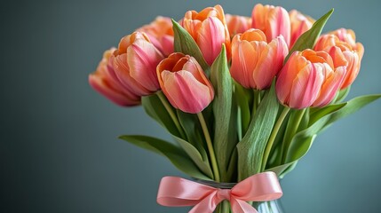 Obraz premium Fresh Pink Tulips in Vase with Green Background and Ribbon Detail